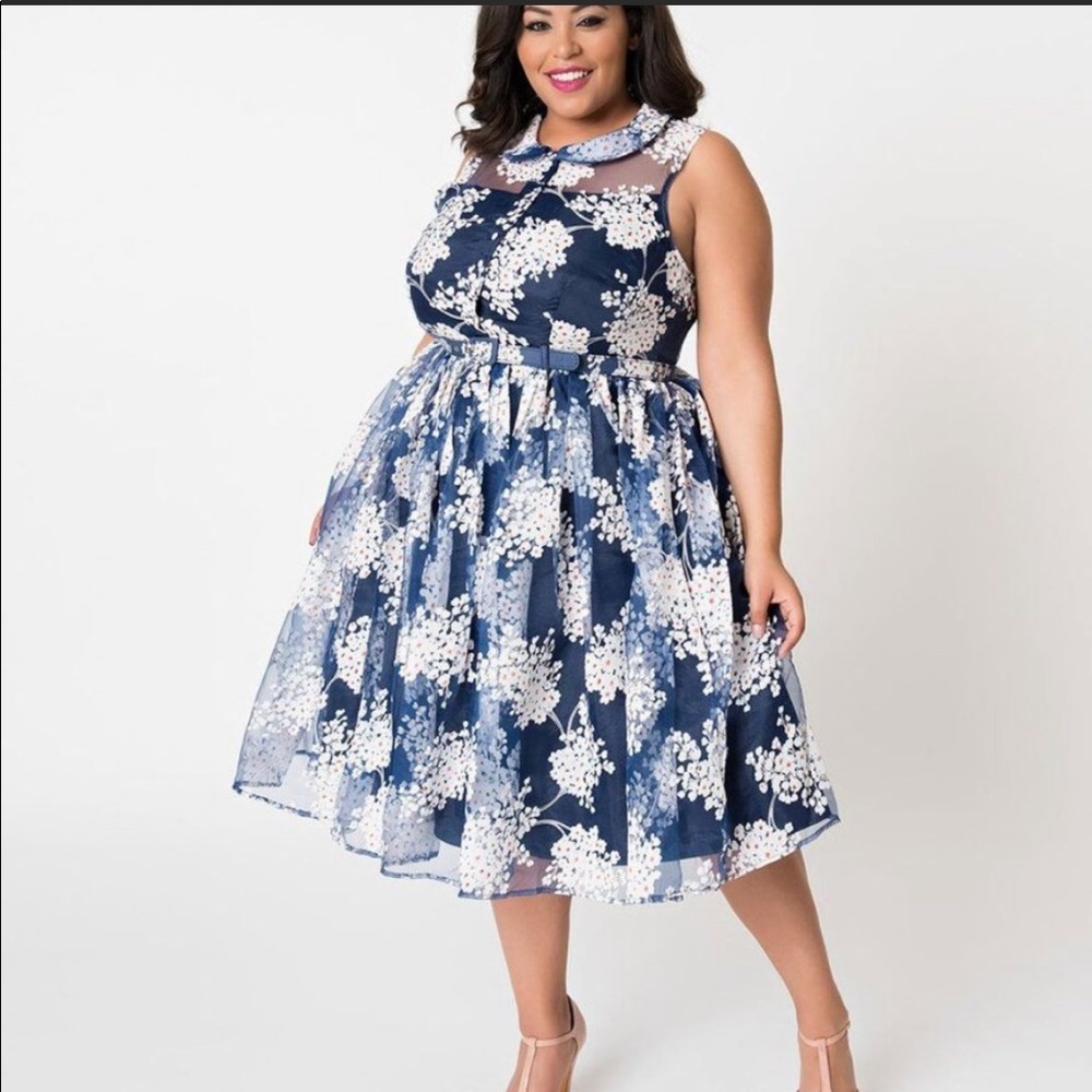 Unique Vintage Blue Floral Pinup Swing Dress 2XL